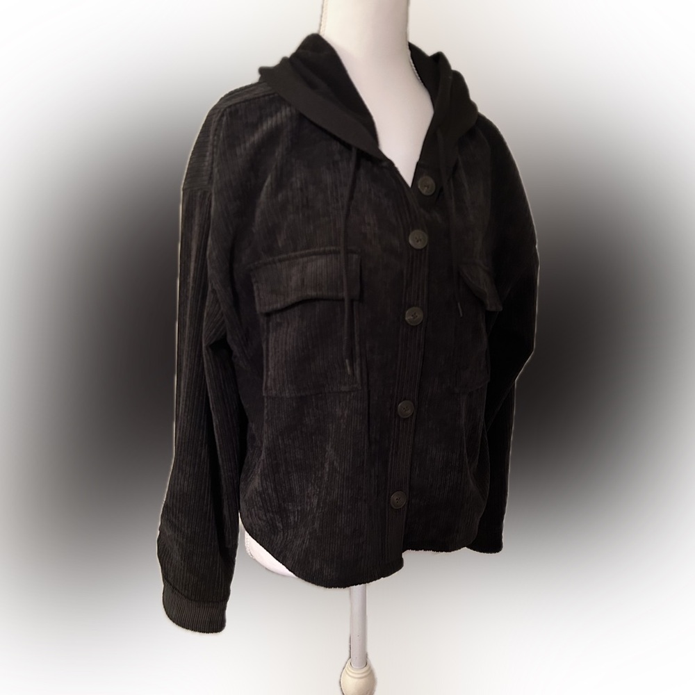 Women’s Black Corduroy Hooded Shirt Jacket